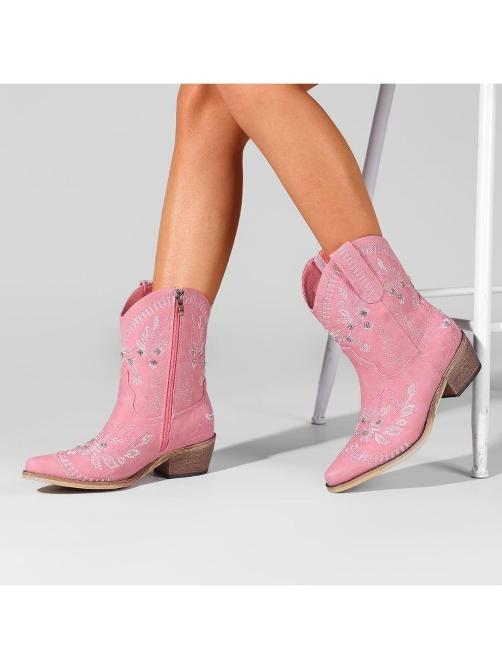 Women's Pink Embroidered Cowgirl Chunky Heel Side Zipper Western Booties - Picture 3 of 7
